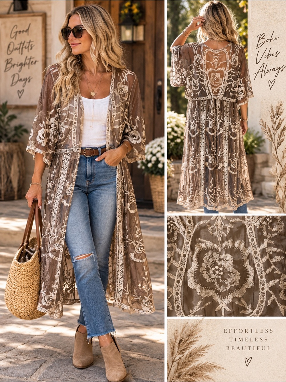 Embroidered Sheer Kimono/ Cover-Up in Brown and White